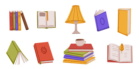 Open and close books for study with autumn leaf and cup of tea. Home library with book stack and lamp in flat style