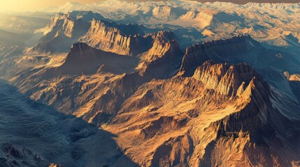 Dramatic mountain range landscape with warm light illuminating craggy peaks, deep valleys, and rugged terrain, evoking a sense of wilderness and natural beauty