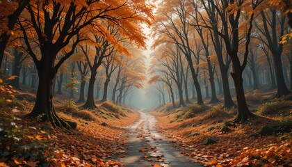Misty Autumn Forest Road with Fallen Leaves

