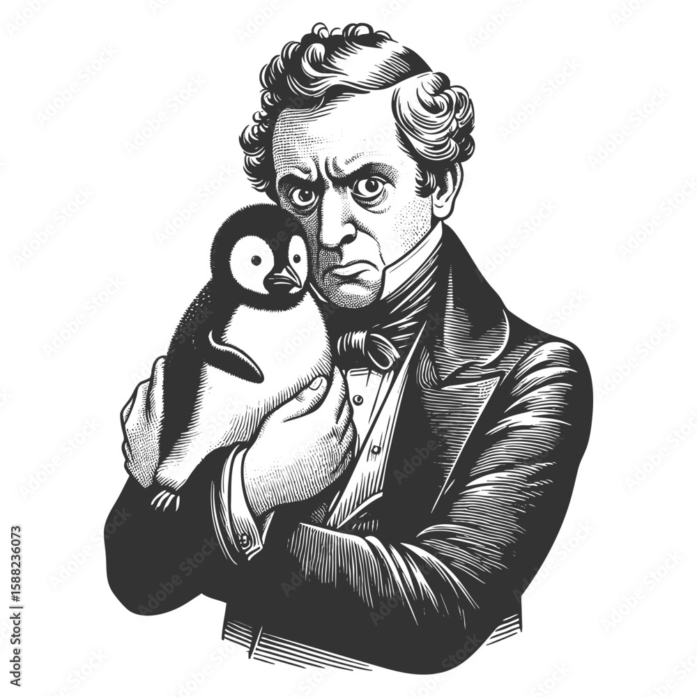 Poster victorian gentleman in a top hat holding a surprised penguin sketch engraving generative ai fictiona