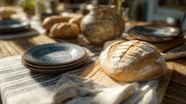 Rustic Table Setting with Freshly Baked Artisan Bread, Ceramic Plates, and Natural Linen in Warm Sunlight