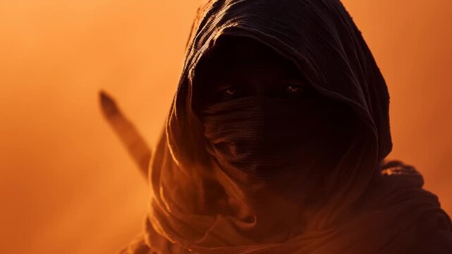 A skilled assassin stands alone in the desert, shrouded in shadows, with a haunting atmosphere at dusk. Dust swirls around, enhancing the mysterious vibe of the scene