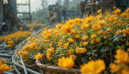 Basket of Bright Yellow Flowers in Rustic Setting