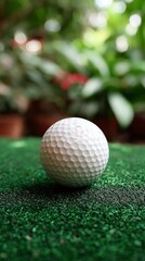 Naklejka premium A white dimpled golf ball rests on a textured green putting surface with blurred foliage in the background