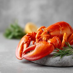 Close up of a bright red cooked lobster with claws garnished with rosemary and lemon slice