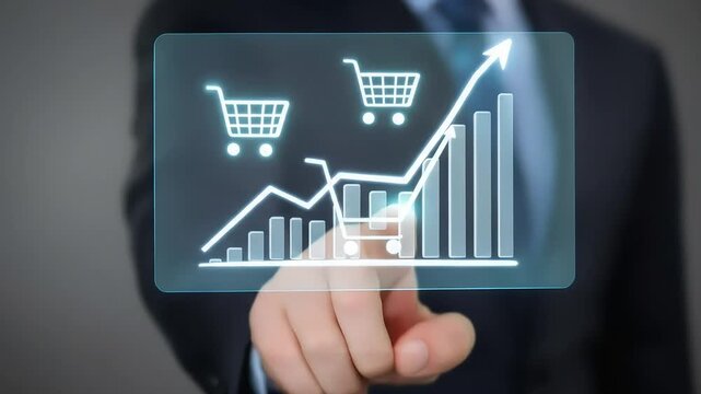Online sales growth is visualized with shopping carts and a rising graph on interactive display.