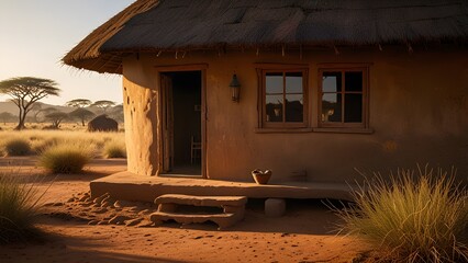 An old wooden house stands alone in the desert landscape