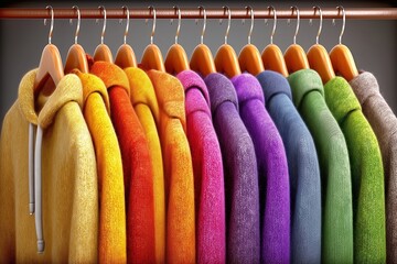 Vibrant Rainbow of Sweaters Hanging on a Wooden Rack