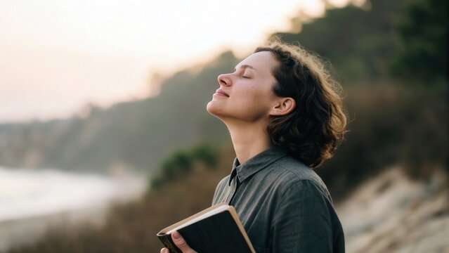 Bible on chest with closed eyes — resting heart in God’s promises
