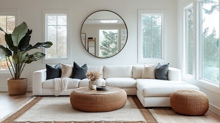 Large modern mirror reflecting natural light in a stylish living room setting with contemporary dÃ?Â©cor.