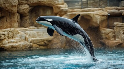 Killer whale launching itself out of the water in an impressive display of agility and strength.