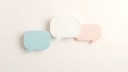 Floating speech bubble shapes on a neutral background, representing communication and feedback.