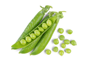 Open green pea pod with individual peas scattered around, isolated on white, transparent...