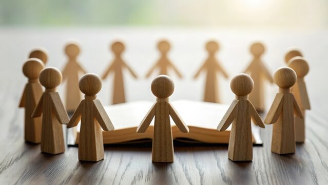 Group of wooden figures holding hands in a circle around Bible — unity in faith and prayer
