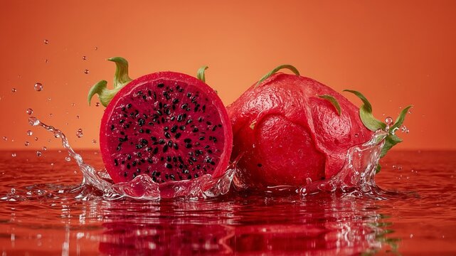 Dua potong buah naga merah yang segar dengan cipratan air. Generative AI Illustration