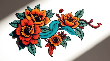 Orange and Teal Floral Arrangement: A vibrant illustration showcases a captivating arrangement of orange and teal flowers, meticulously crafted with intricate details and a retro aesthetic.