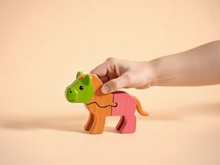 Child's Hand Assembling Wooden Toy Animal Pastel Background