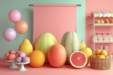 Vibrant Fruit Display with Balloons and Pastries in a Colorful Setting