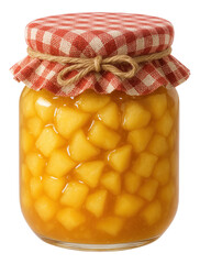 Small glass jar of homemade apple compote with visible fruit chunks and a gingham fabric cover secured with twine.