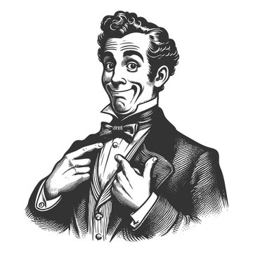 confident Victorian-era man in formal attire, smiling smugly proudly pointing at his bow tie sketch engraving generative ai fictional character vector illustration. Scratch board. Black and white.