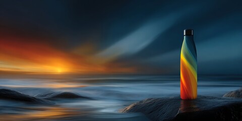 Multicolored Water Bottle on a Rocky Beach with Ocean View
