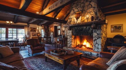 Cozy rustic living room with fireplace