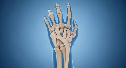 Anatomical Hand Skeleton Model on Blue Background for Medical Education and Healthcare