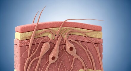 Detailed Cross Section of Human Skin with Hair Follicles and Layers in Medical Illustration