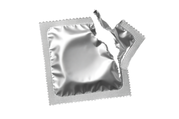 Torn silver condom wrapper without visible contents isolated on transparent background