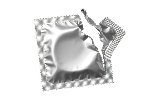 Torn silver condom wrapper without visible contents isolated on transparent background