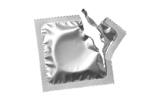 Torn silver condom wrapper without visible contents isolated on transparent background