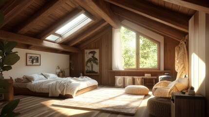 Cozy wooden bedroom with natural light