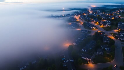 Aerial view of a foggy neighborhood at dusk with street lights illuminating the scene below the clouds