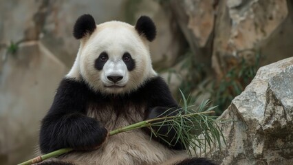 A cute panda about to eat his bamboo lunch. Generative AI Illustration