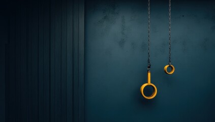 Two gold rings hang from dark teal wall