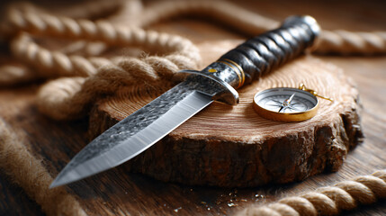 Knife placed on natural wooden log with compass nearby, rustic setting with braided rope enhancing outdoor exploration theme. Concept for adventure gear, camping supplies, survival kits