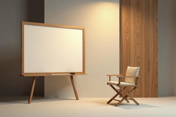 Simple wooden easel with blank whiteboard and director's chair in a minimalist studio setting