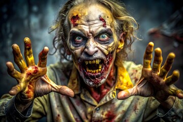 A terrifying zombie with bloody face and outstretched hands for halloween horror