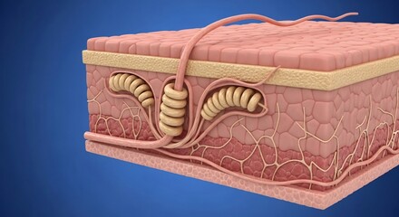 Detailed Illustration of Human Skin with Hair Follicles and Layers in Blue Background