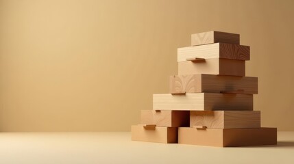 Fototapeta premium Stack of Light Brown Wooden Blocks on a Neutral Background, Ideal for Minimalist Product Displays and Design Concepts
