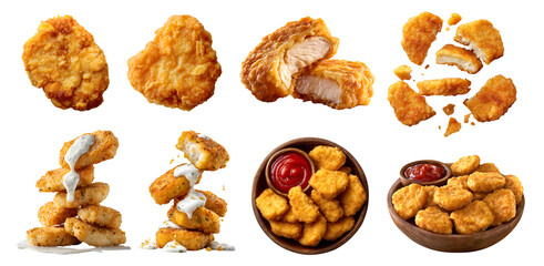 Set of Golden brown Chicken nuggets, breaded battered deep-fried baked, with ketchup ranch sauce dip, bowl, stack broken bitten pieces, isolated transparent cutout PNG. Mockup template for design