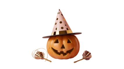 Orange pumpkin wearing a pink polka dot witch hat with gold trim and decorative gold fans jackolantern