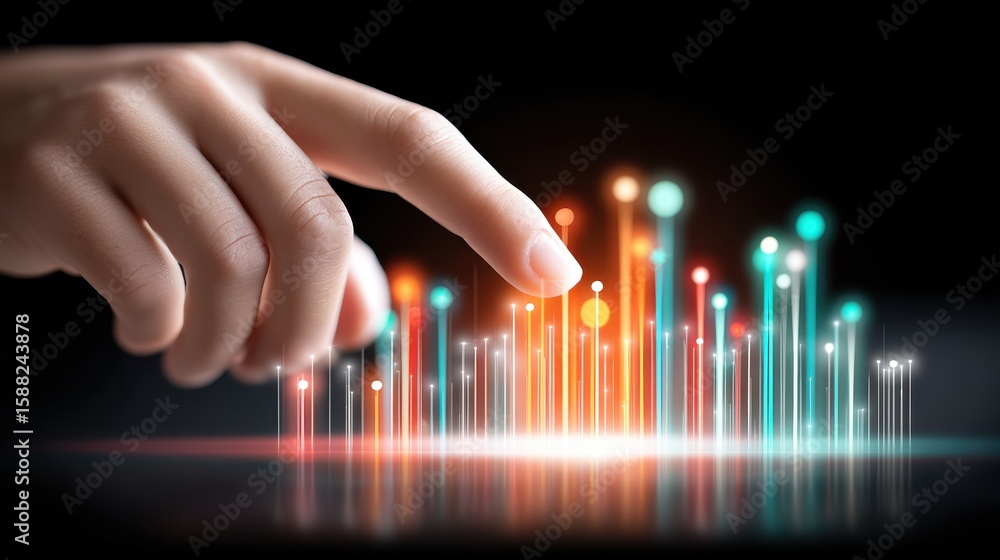 Poster hands interacting with a dynamic financial data visualization