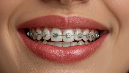 Close up of a woman's clean, white teeth wearing braces. Representation of a dental clinic. Generative AI Illustration.