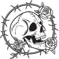 Intricate gothic skull adorned with delicate roses isolated on transparent background