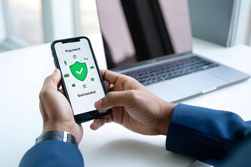Man holding smartphone displaying successful secure payment transaction on screen