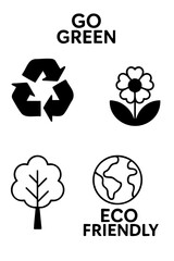 Black and white eco-friendly icons including recycle symbols, trees, and the Earth.
