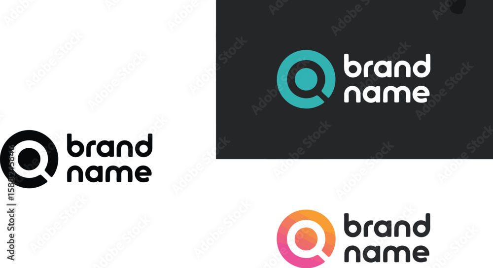 Poster three variations of a logo with a circle and a brand name next to it