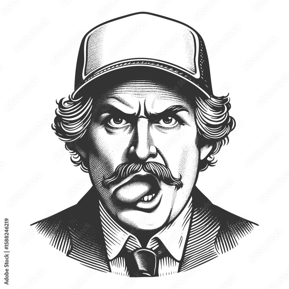 Poster mustached man in a cap and suit, shouting with an intense, frustrated expression sketch engraving ge