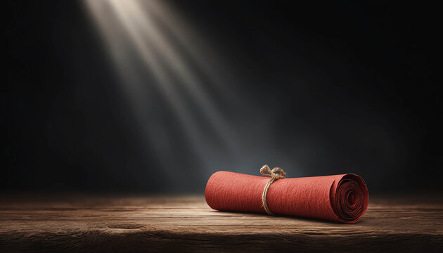 Red sealed confidential scroll, parchment tied with rope on wooden table under dramatic spotlight, mysterious and secretive mood